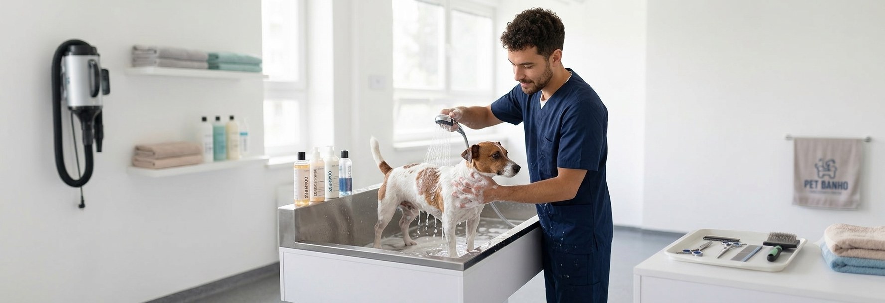Profissional de banho e tosa lavando um cachorro