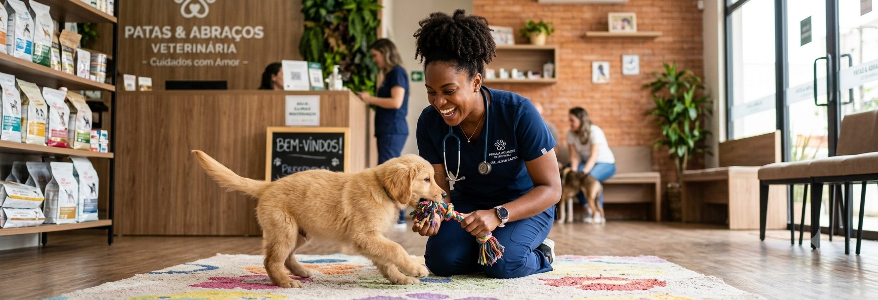 Veterinária brincando com filhote na recepção da clínica