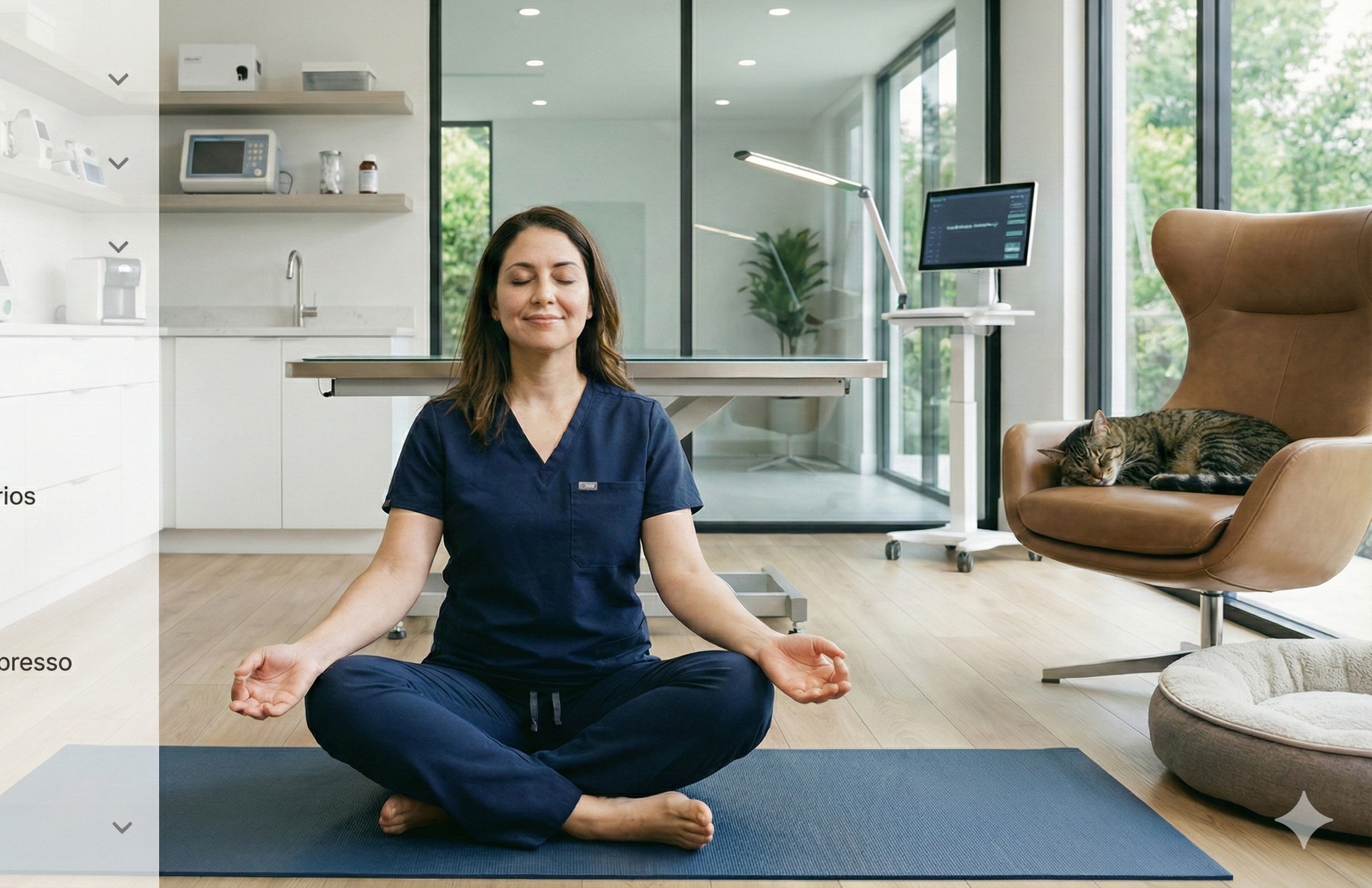 Veterinária meditando em consultório organizado com o Vetwork
